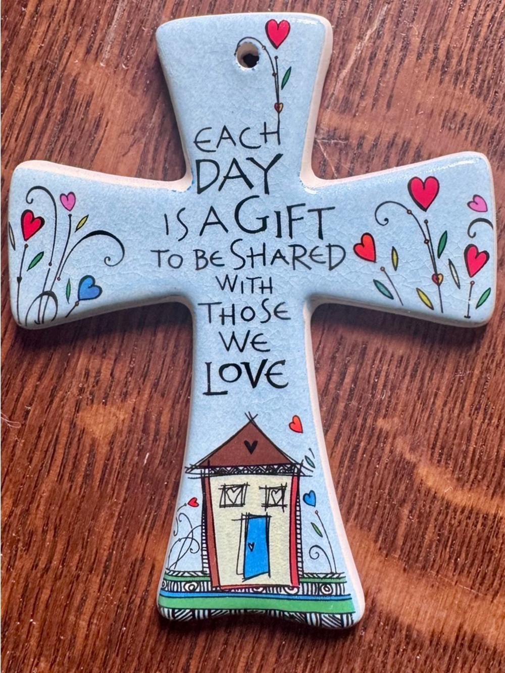 Inspirational Ceramic Wall Cross - Light Blue with Heart Motif